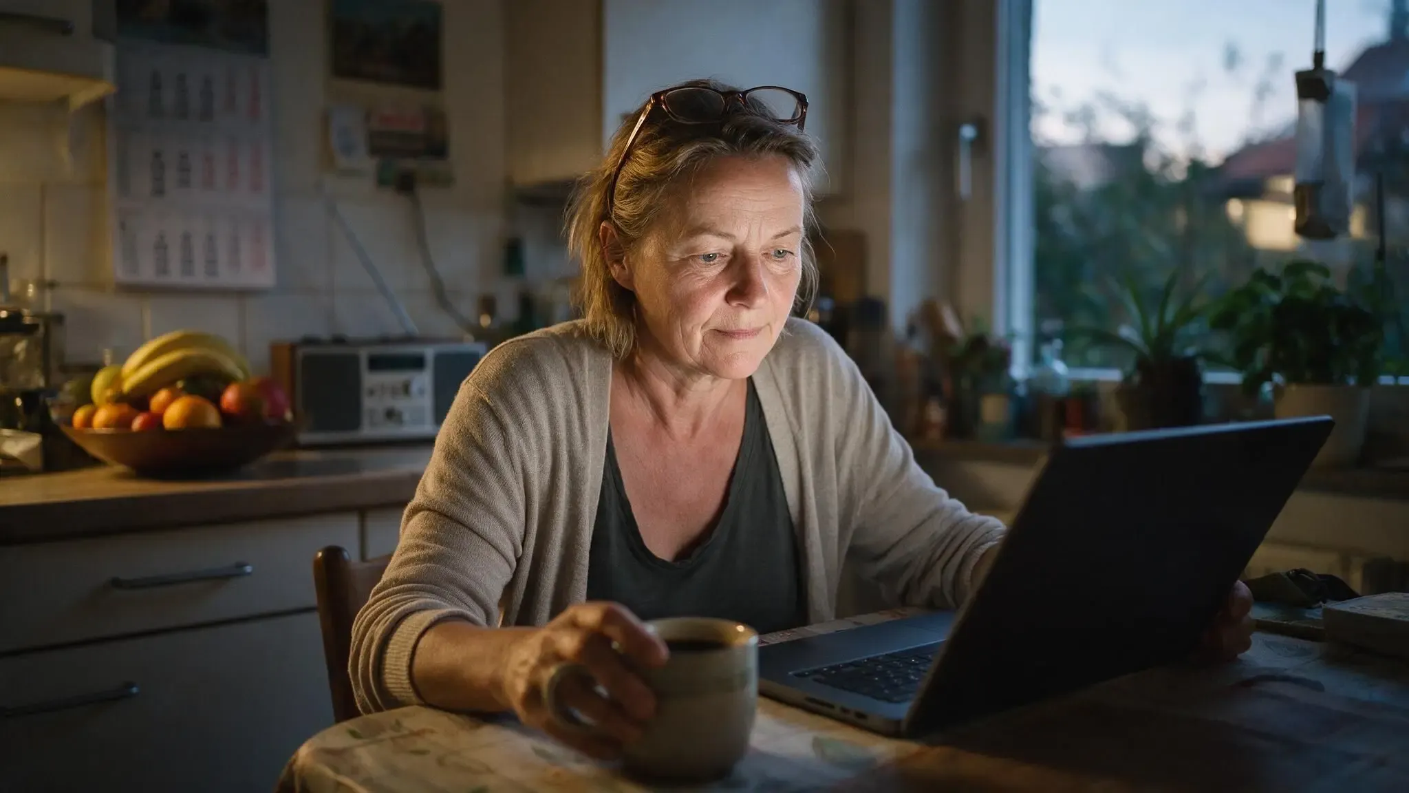 Frau am Küchentisch mit Laptop