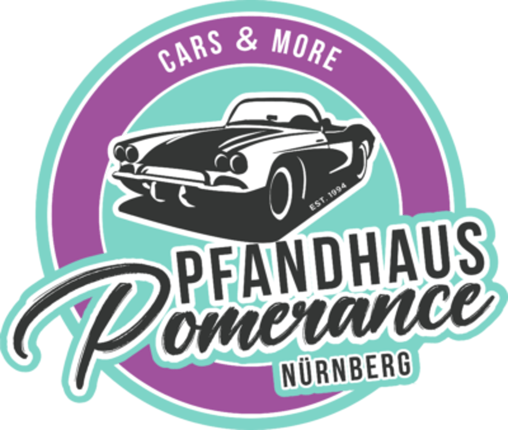 Logo Pfandhaus Pomerance: Klassischer Sportwagen, Text "CARS & MORE", "EST. 1994", "NÜRNBERG"