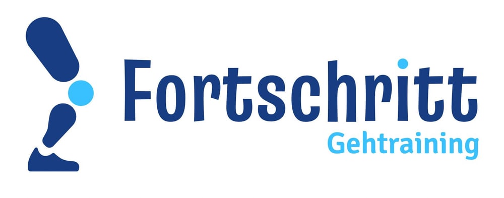 Logo: Blaue Prothese und Text "Fortschritt Gehtraining" in Blau.