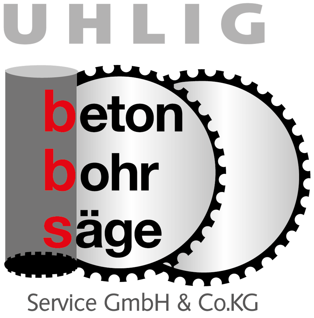 Logo "UHLIG beton bohr säge Service GmbH & Co.KG" mit einem grauen Zylinder und zwei gezahnten Kreisen.