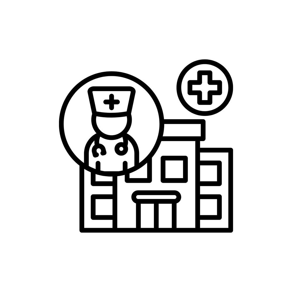 Krankenhausgebäude mit pluszeichenförmigem Logo und Arzt-Symbol mit Stethoskop.