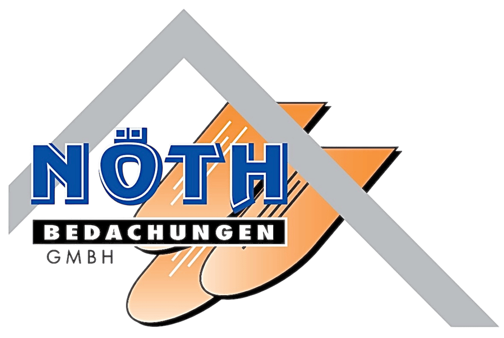 NÖTH BEDACHUNGEN GMBH Logo mit zwei orangen Dachziegeln und einem grauen Dachumriss.