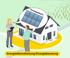 Beraterin zeigt einem Mann ein Haus mit Solardach, Sprechblase mit "Energiedach", Text "Energiedienstleistung/Energieberatung"