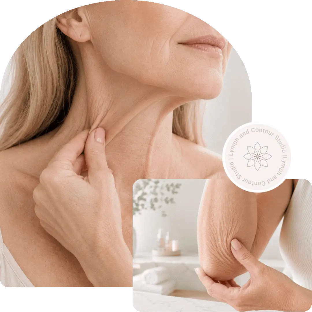 Women touching crepey skin on their neck and arm