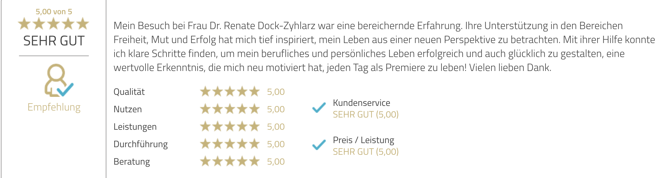 Kundenbewertung: Unterstützung in den Bereichen Freiheit, Mut und Erfolg
