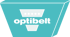 Blaugrünes Trapez mit weißem Keilriemen-Symbol, 5 Punkten und dem Wort "optibelt" in der Mitte.