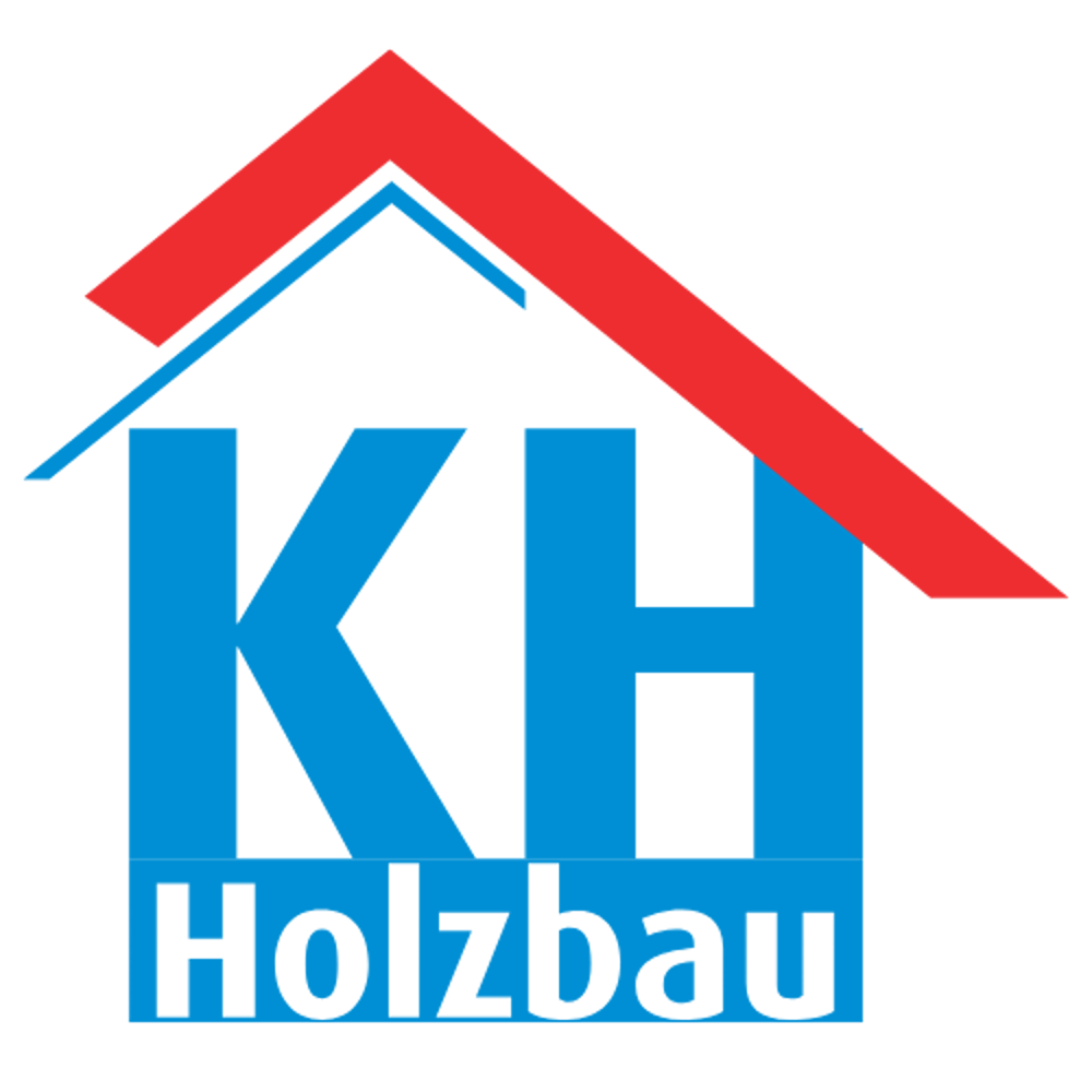 Blaues "KH" und "Holzbau" unter einem roten Dachsymbol