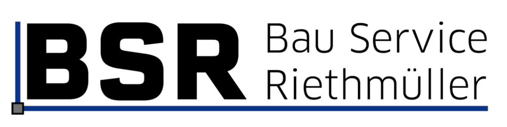 BSR Bau Service Riethmüller Logo mit schwarzem Text und blauer Linie darunter.