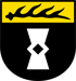 Wappen mit schwarzem Hintergrund, gelbem oberen Rand mit drei schwarzen Hirschstangen und einer weißen Sanduhr mit Raute.