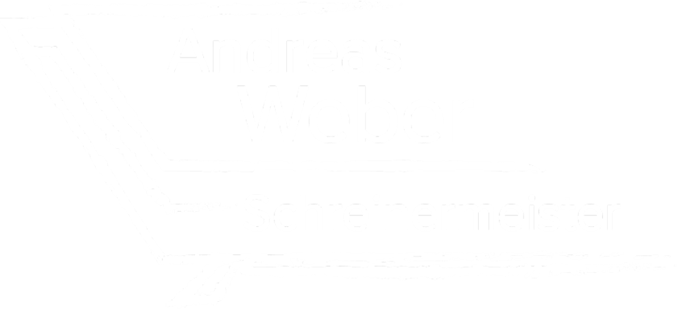 Logo von Andreas Weber Schreinermeister auf grünem Hintergrund, umrahmt von gezeichneten Holzbohlen.