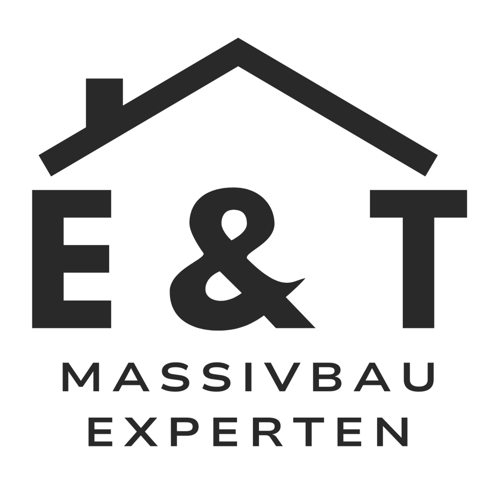 Logo: Dachlinie über "E & T", darunter "MASSIVBAU EXPERTEN" auf grauem Hintergrund.
