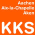 Weißer Text "Aachen Aix-la-Chapelle Aken KKS" auf orangefarbenem Hintergrund.