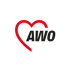 Rotes Herz mit schwarzem "AWO"-Text und weißem Strich in der Mitte auf grünem Hintergrund.
