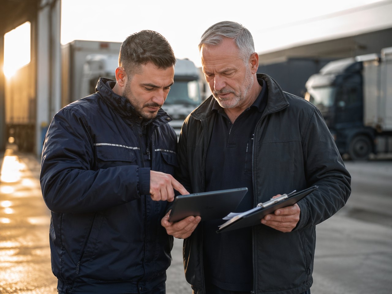 Two truck drivers discussing logistics data on a tablet in front of transport trucks at sunset.