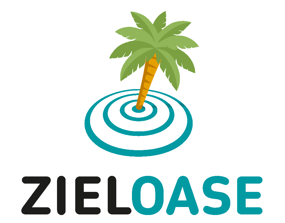 Logotyp "ZIELOASE" mit Palme in einem blauen Kreiswellenmuster.
