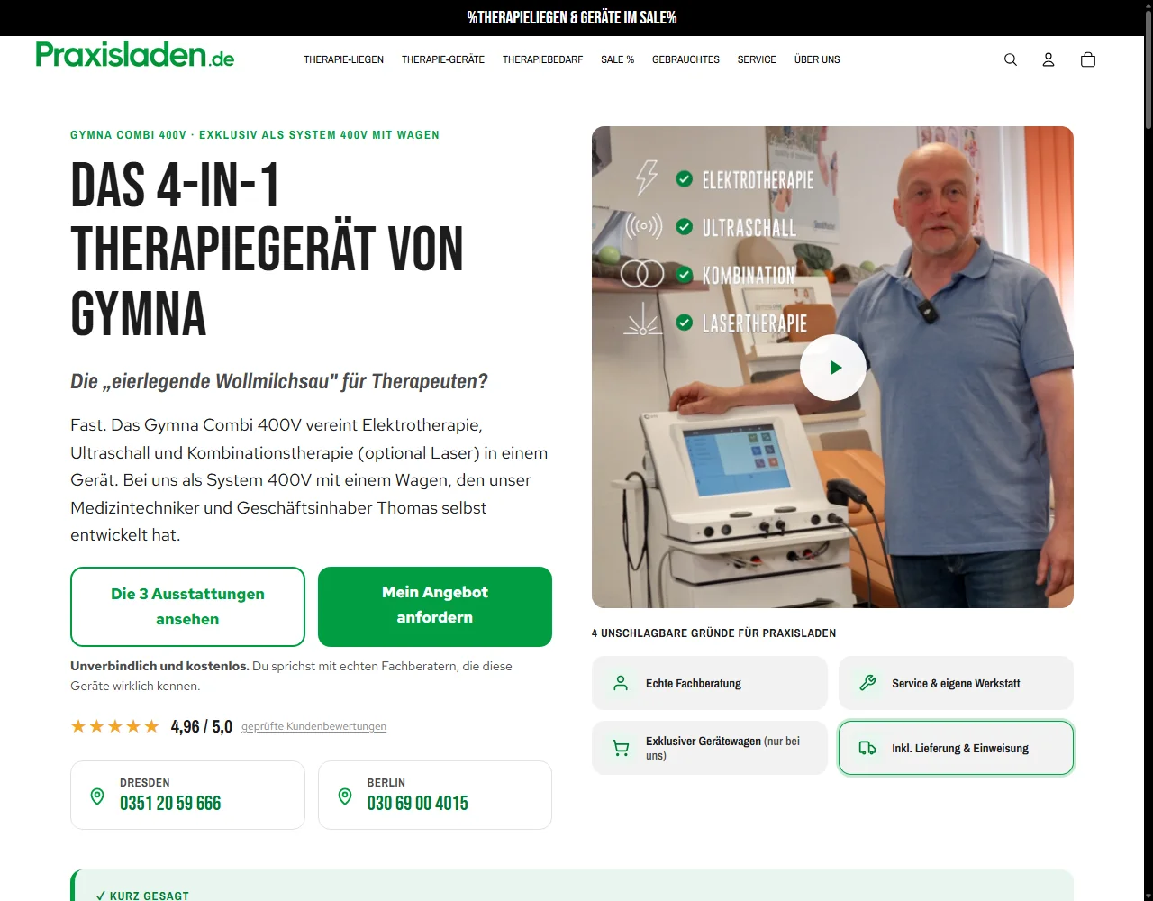 Die Landingpage von Praxisladen zum Gymna System 400V mit Video im Kopfbereich