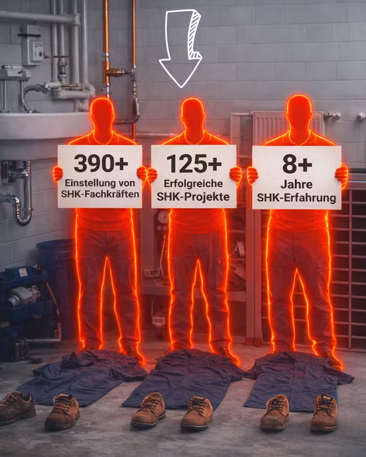 Drei leuchtend orangefarbene Figuren halten Schilder mit den Texten: "390+ Einstellung von SHK-Fachkräften", "125+ Erfolgreiche SHK-Projekte" und "8+ Jahre SHK-Erfahrung".