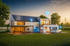 Modernes Haus mit Solarmodulen, Smart-Home-Symbolen und einem Elektroauto vor der Garage.