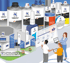 NORMFEST Produktpalette, Firmengebäude, und Personen vor "Einkaufsplattformen" mit Laptop und Tablet.