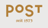 Goldenes "POST" Logo mit "seit 1573" in kleinerer, verzierter Schrift auf hellgrauem Hintergrund.