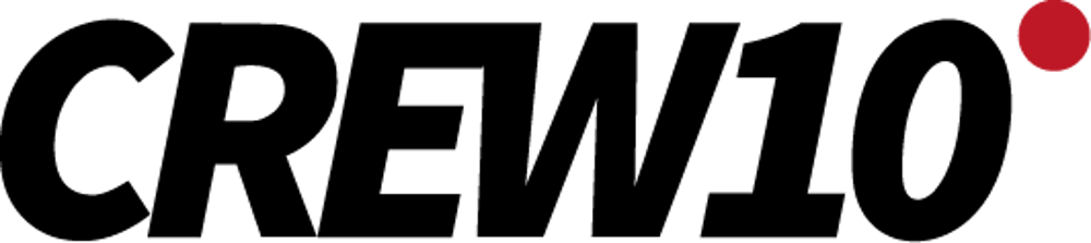Schwarzes "CREW10" Logo mit einem roten Punkt über der Null.