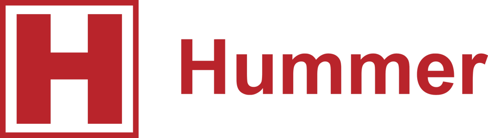 Rotes Hummer Logo mit einem großen H in einem Quadrat auf schwarzem Hintergrund.