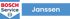 Blaues Bosch Service Logo mit rotem "BOSCH" und schwarzem "Service", daneben ein blaues Feld mit weißem Text "Janssen".