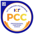 Blaues ICF-Siegel für Professional Certified Coach (PCC) mit dem Text „ICF Credentials and Standards“.