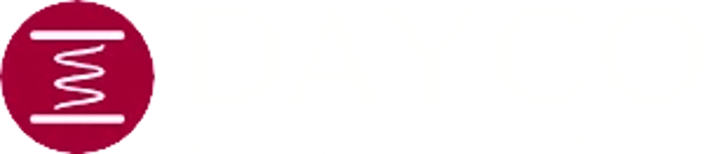 DAYCO BOXSPRINGBETTEN & MATRATZEN Logo: Rotes Kreissymbol mit Feder, weißer Text.