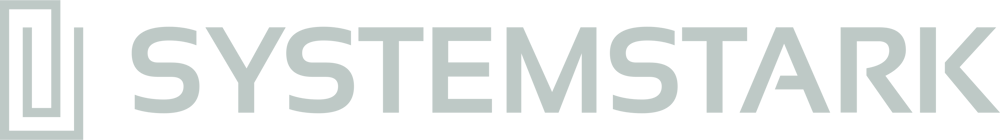 SYSTEMSTARK Logo mit zwei verschachtelten Rechtecken in Türkis auf dunkelgrünem Hintergrund.