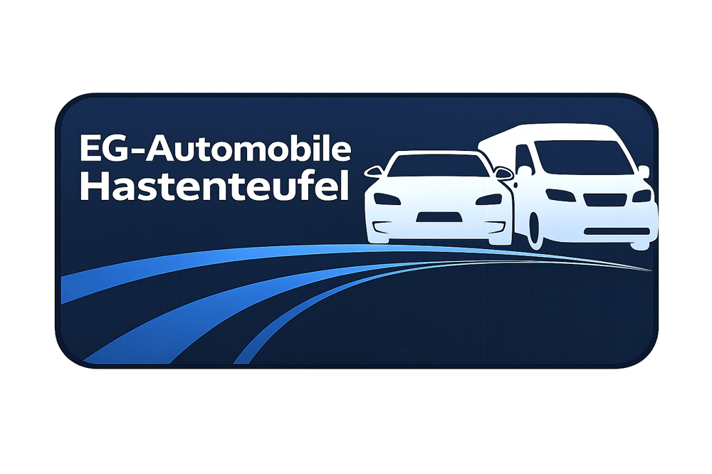 Blaues Logo "EG-Automobile Hastenteufel" mit weißem Sportwagen und Lieferwagen, darüber zwei blaue Streifen.