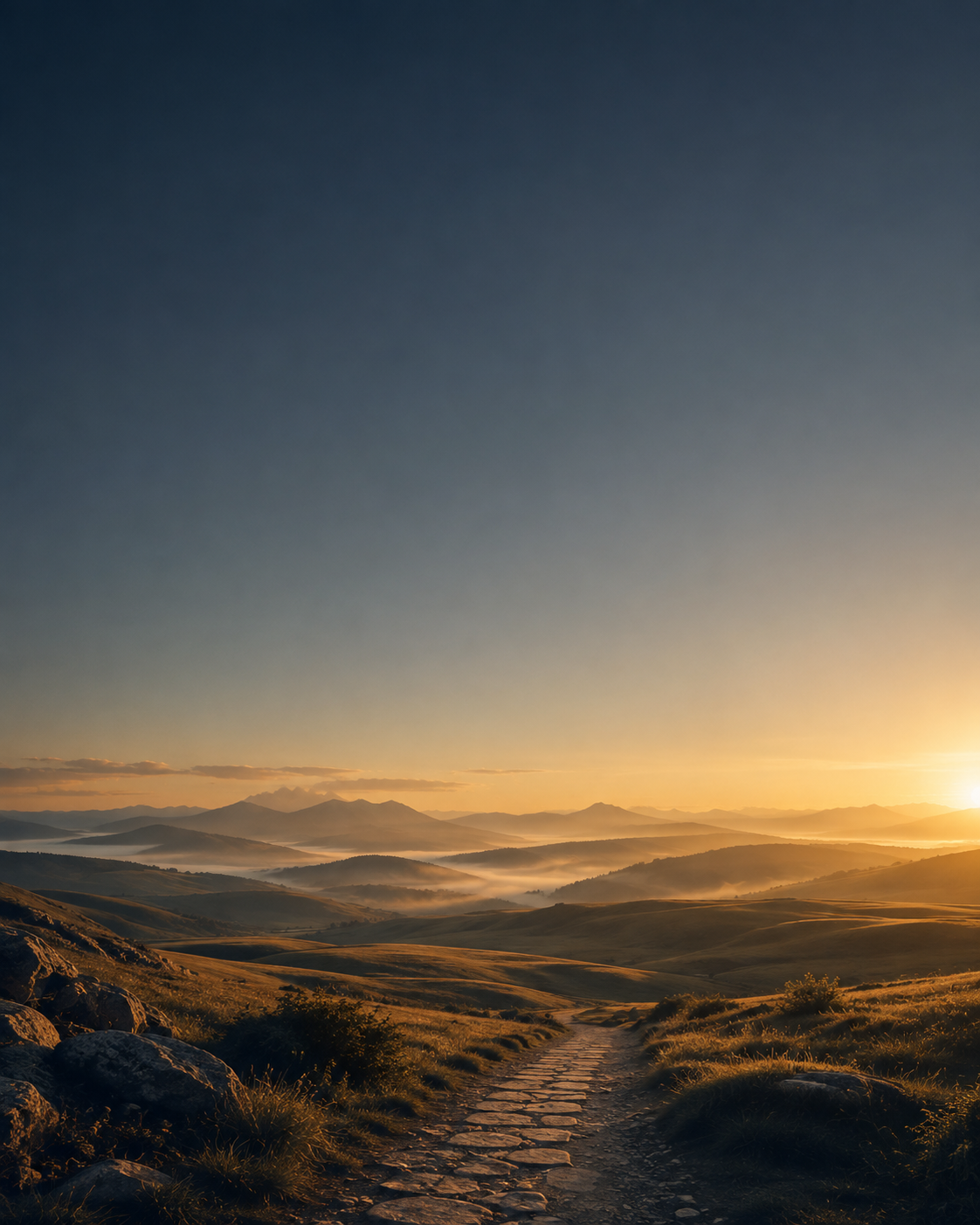 Weiter Landschaftsraum im frühen Morgenlicht – ein Weg, der sich öffnet