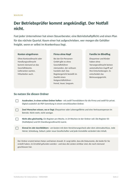 Notfallordner für Unternehmer, Seite 2: Warum der Notfall nicht angekündigt kommt