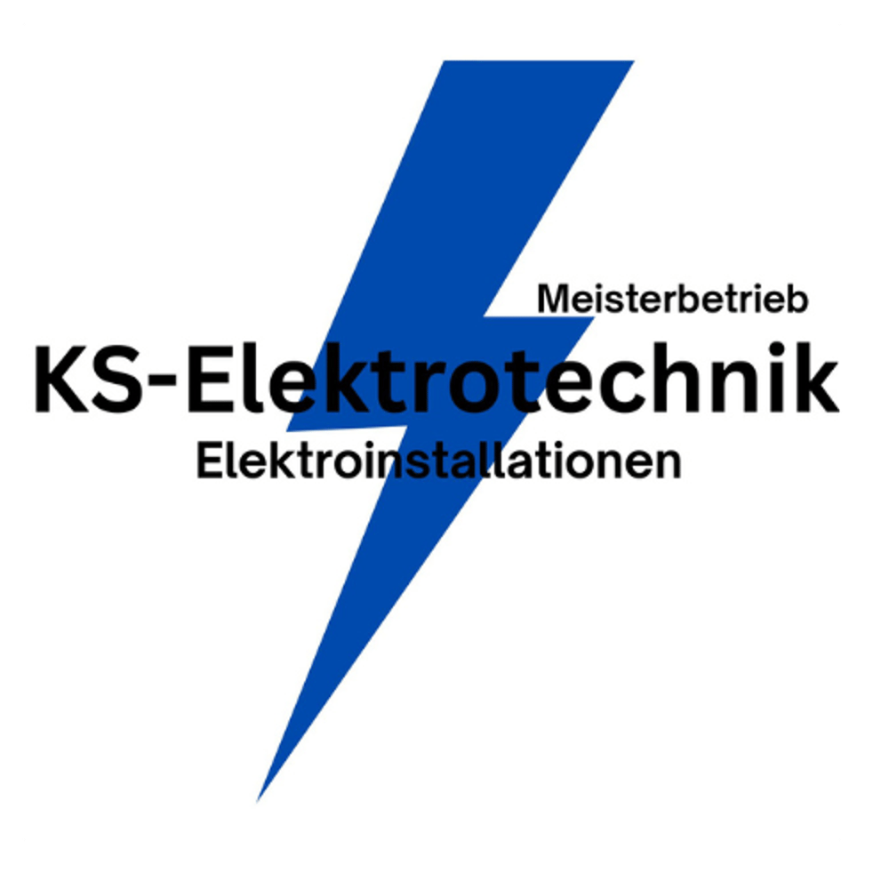 Blauer Blitz über dem Text "KS-Elektrotechnik Elektroinstallationen Meisterbetrieb"