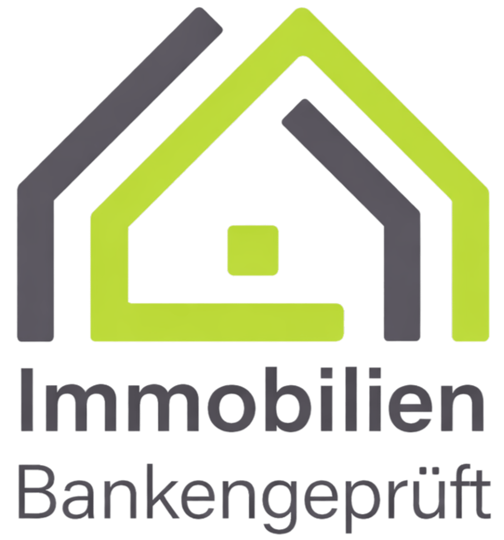Logo mit stilisiertem Haus in Dunkelgrau und Limettengrün, darunter "Immobilien Bankengeprüft".