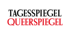Der Text "TAGESSPIEGEL" in Schwarz über "QUEERSPIEGEL" in Rot auf dunkelgrünem Hintergrund.