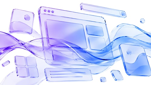 Illustration schwebender Browserfenster und App-Symbole vor lila-blauem Farbverlauf, symbolisch für Website-Erstellung und Preisvergleich