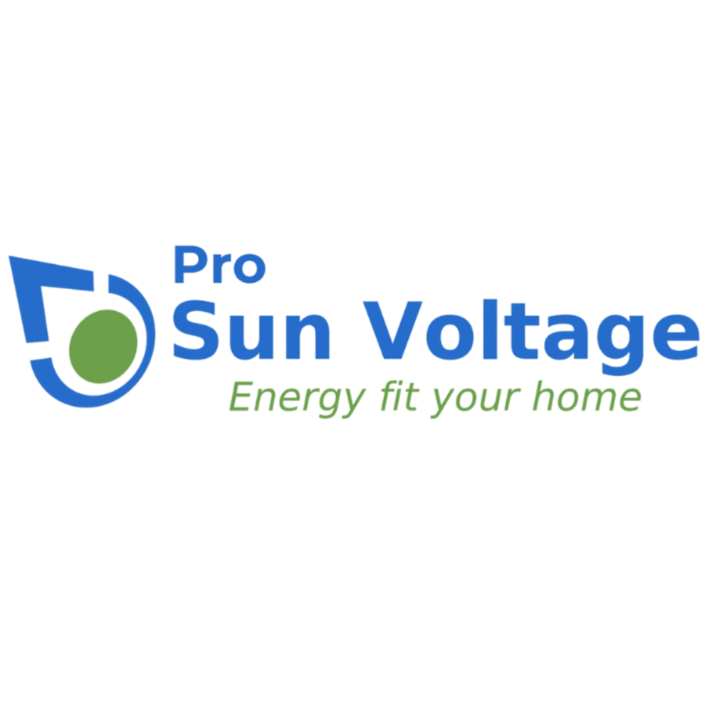 Pro Sun Voltage Logo mit Slogan "Energy fit your home" und Symbol eines Sonnenkollektors.