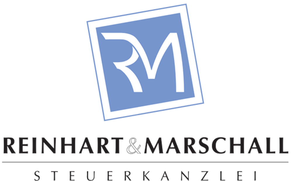 Logo Reinhardt & Marschall Steuerkanzlei mit blauer Raute und den weißen Buchstaben R und M.