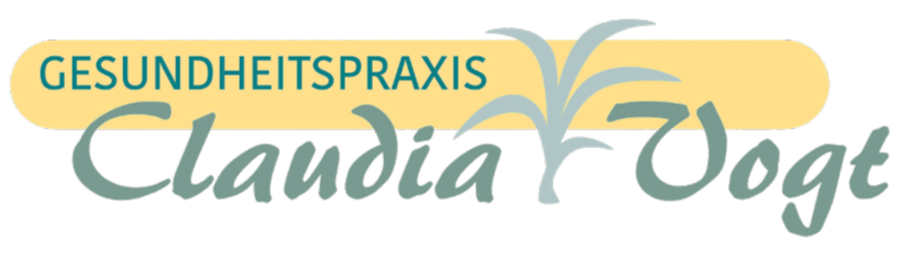 Logo der Gesundheitspraxis Claudia Vogt mit Palme auf gelbem Hintergrund.