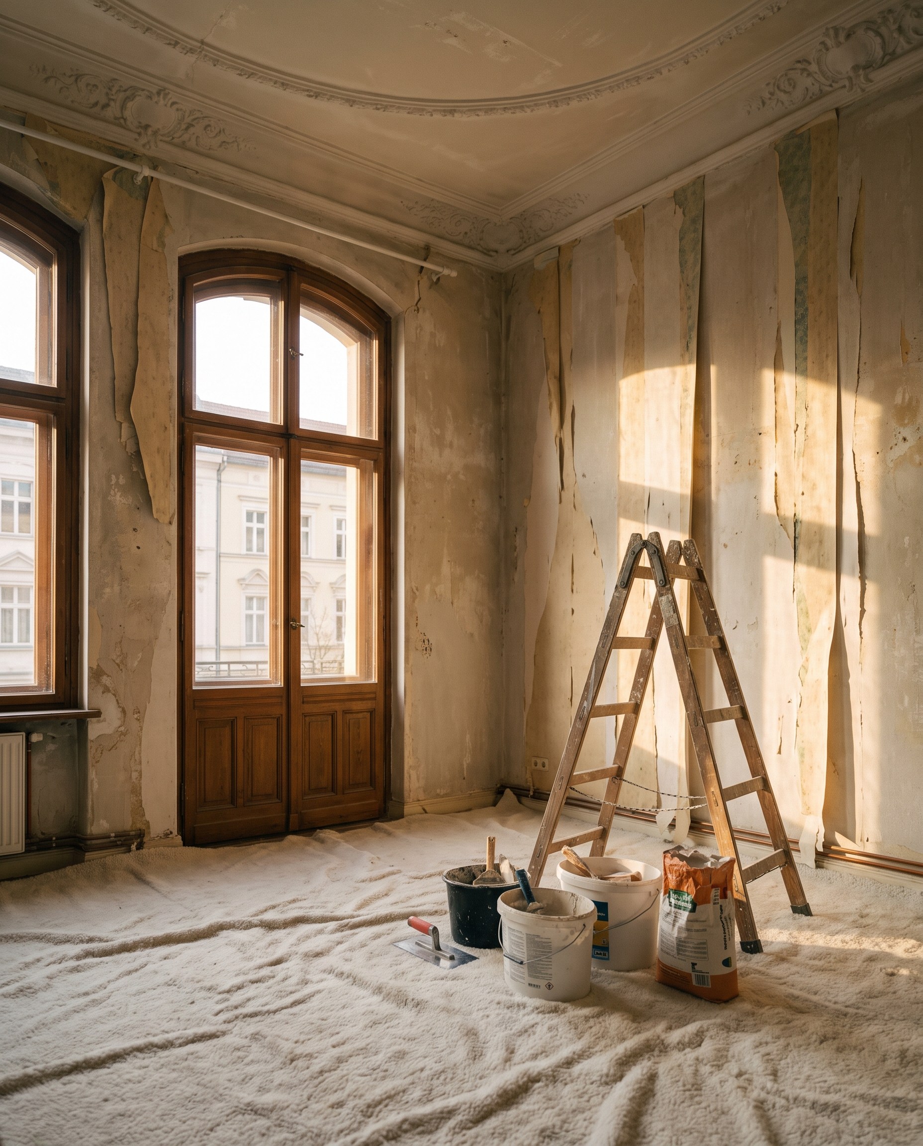 Frisch renovierter Altbau-Wohnraum mit praezise gestrichenen Waenden