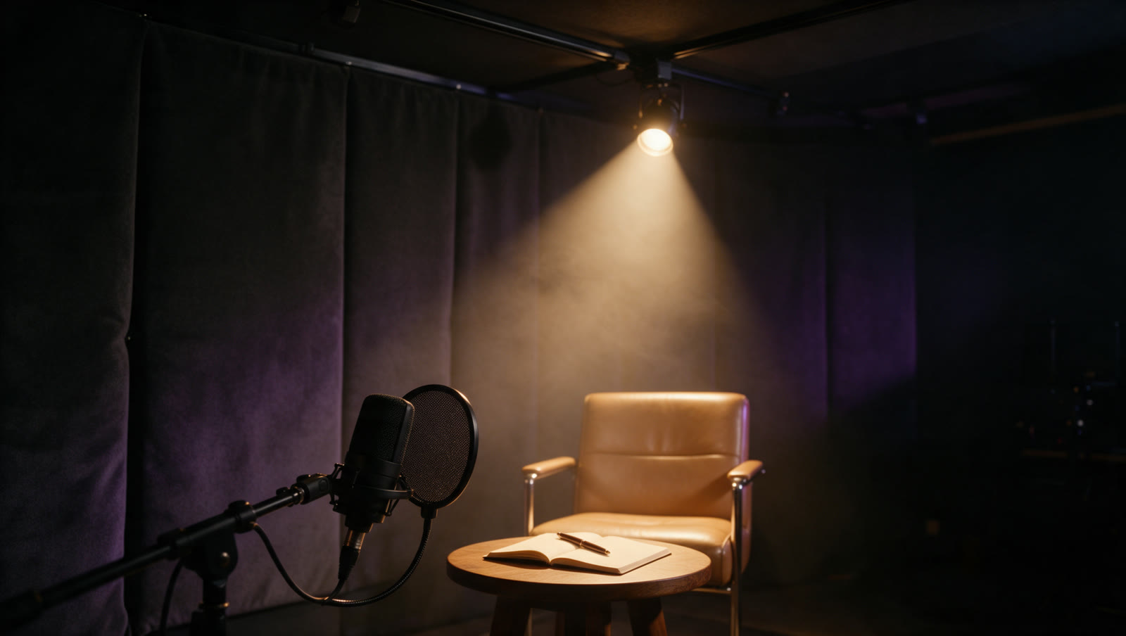 Podcast-Mikrofon in einem dunklen Studio mit einem Lichtstrahl