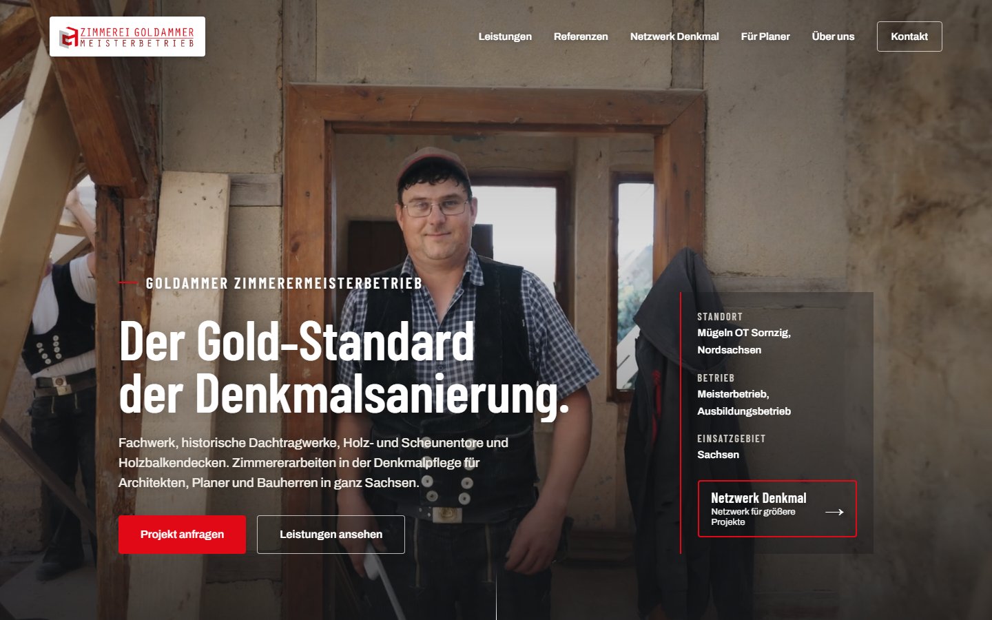 Die Startseite der Zimmerei Goldammer mit Video vom Inhaber im Kopfbereich