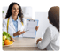 Smiling female nutritionist in white coat showing a diet plan.