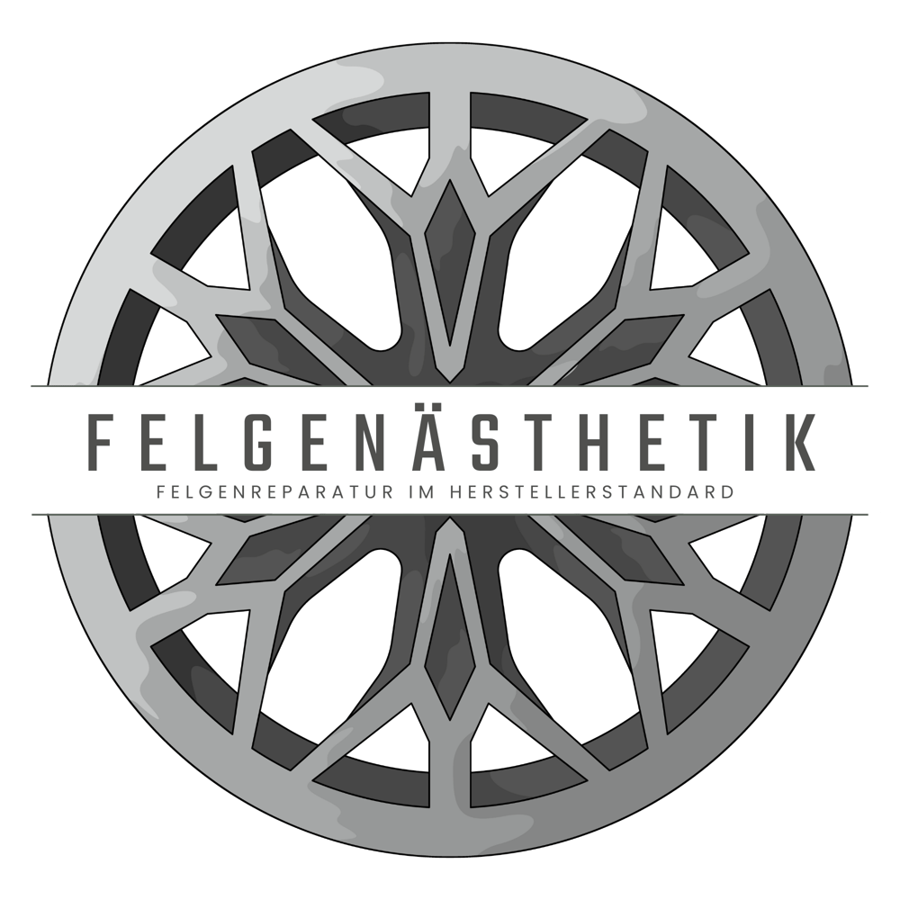 Graues Felgen-Logo mit Text "FELGENÄSTHETIK" und "FELGENREPARATUR IM HERSTELLERSTANDARD".