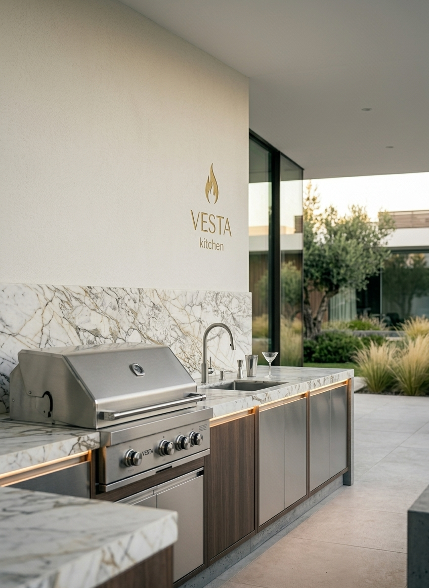Moderne Außenküche "Der Klassiker" mit Marmorarbeitsplatte, integriertem Grill, Spüle und goldenem VESTA kitchen Logo an der Wand.