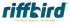 Blaues riffbird Logo mit Vogel-Silhouette im Buchstaben b und Slogan You want results - we deliver auf schwarzem Grund.