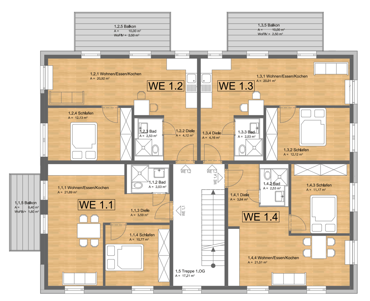 Grundriss Obergeschoss mit den Wohneinheiten 1.1, 1.2, 1.3 und 1.4