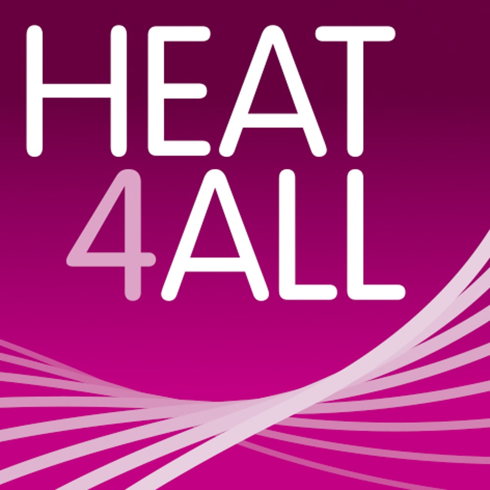 HEAT 4 ALL Logo in Weiß auf magenta-violettem Hintergrund mit geschwungenen Linien.