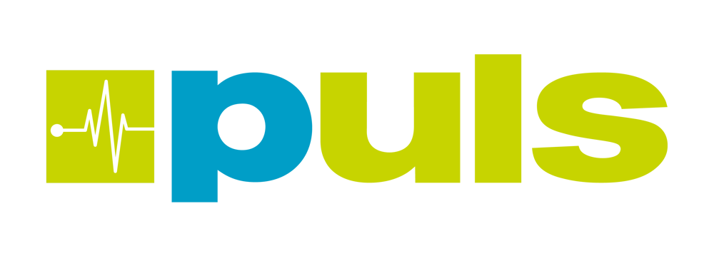 Das Logo "puls" mit einem Herzschlag-Symbol in einem grünen Quadrat.
